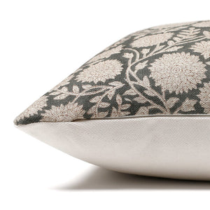 Side view of Callum pillow cover showing floral block printed front and solid, ivory backing.