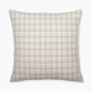 Colin and Finn's Copeland Pillow Cover showcased in a flat lay on a white background, featuring a subtle small plaid design in cream and taupe hues.