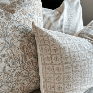 A close up of Elain and Georgia Lumbar pillows from Colin + Finn
