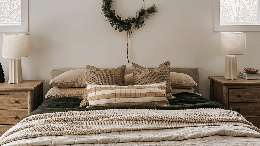 Cozy bedroom with a neatly made bed featuring beige pillows and a Prescott Lumbar Pillow Cover adorned with rust-brown stripes. A knitted throw is draped over the comforter. Two wooden nightstands hold matching lamps, while a decorative wreath hangs above the bed between two windows.
