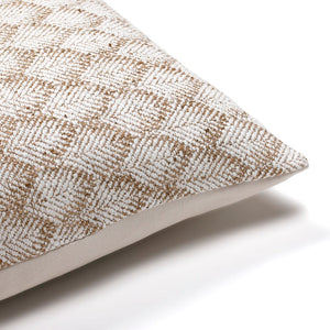 Upper corner of Jade lumbar pillow cover showing the flax and white pattern on the front.