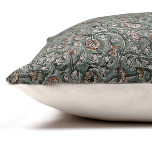 Side view of the Lydia pillow cover showing the floral front and the solid ivory backing.