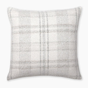 A square pillow cover with a neutral-toned plaid pattern featuring shades of white, beige, and light gray. The texture appears soft and slightly woven, suitable for decor in a living room or bedroom. The background is plain white.