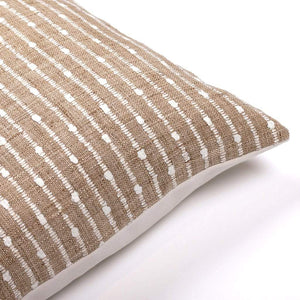 Corner of Bardot pillow cover from Colin and Finn. Burlap brown with white woven stripes on front and ivory cotton denim on back.