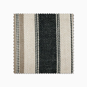 Benedict fabric swatch from Colin and Finn. Black and Tan stripes on a woven fabric