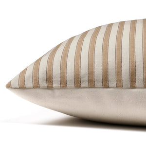 Side of Leo pillow cover from Colin and Finn. Tan stripe front with ivory backing