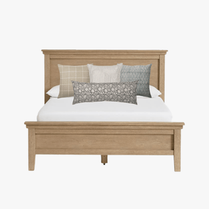 Wood headboard bed with Malibu pillow combination.