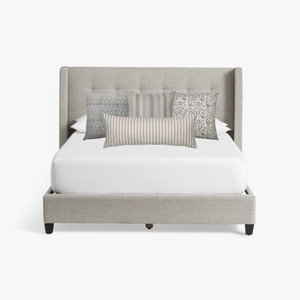 Gray headboard mockup on white background with Pearl pillow combo including Eloise, Felicity, Penelope, and Winston oversized lumbar.
