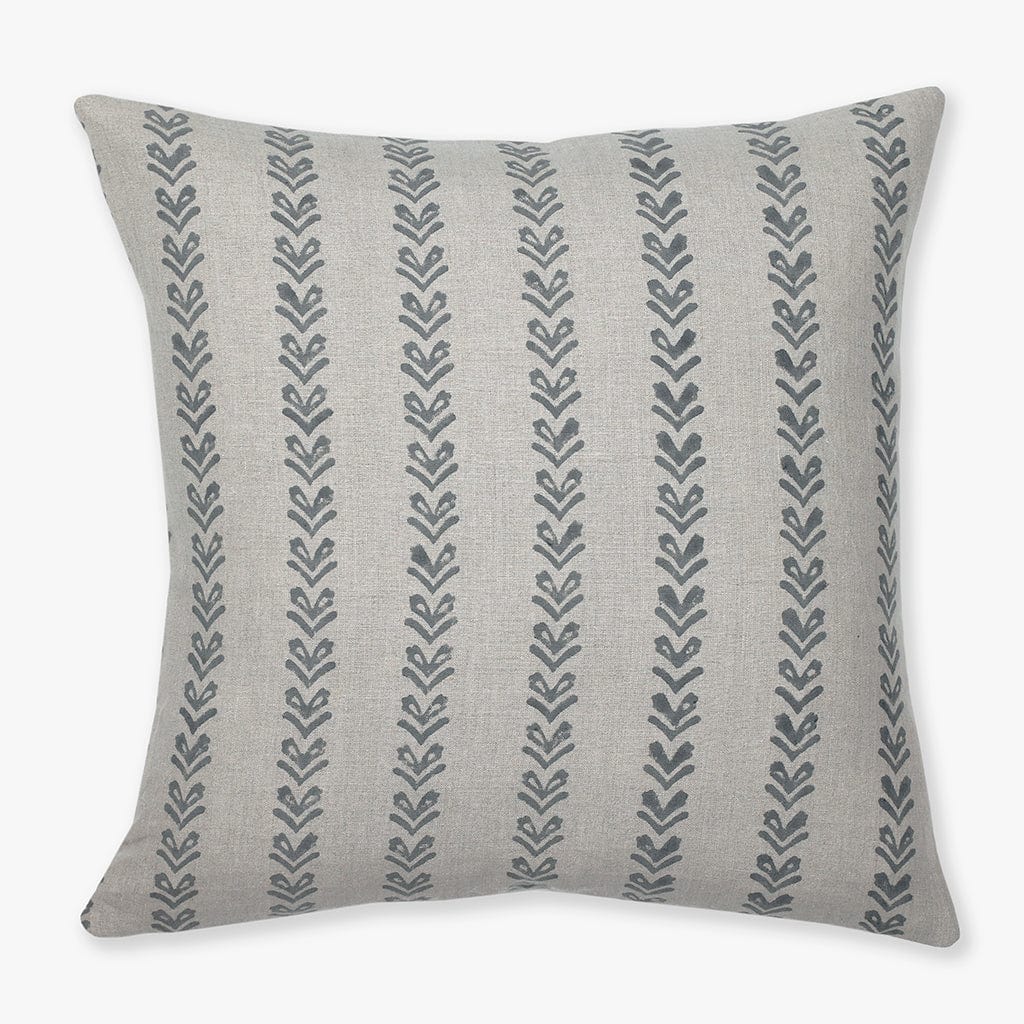 Blaine pillow cover from Colin and Finn on neutral linen with gray/blue vertical leaf patterns.