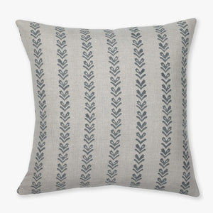 Blaine pillow cover from Colin and Finn on neutral linen with gray/blue vertical leaf patterns.