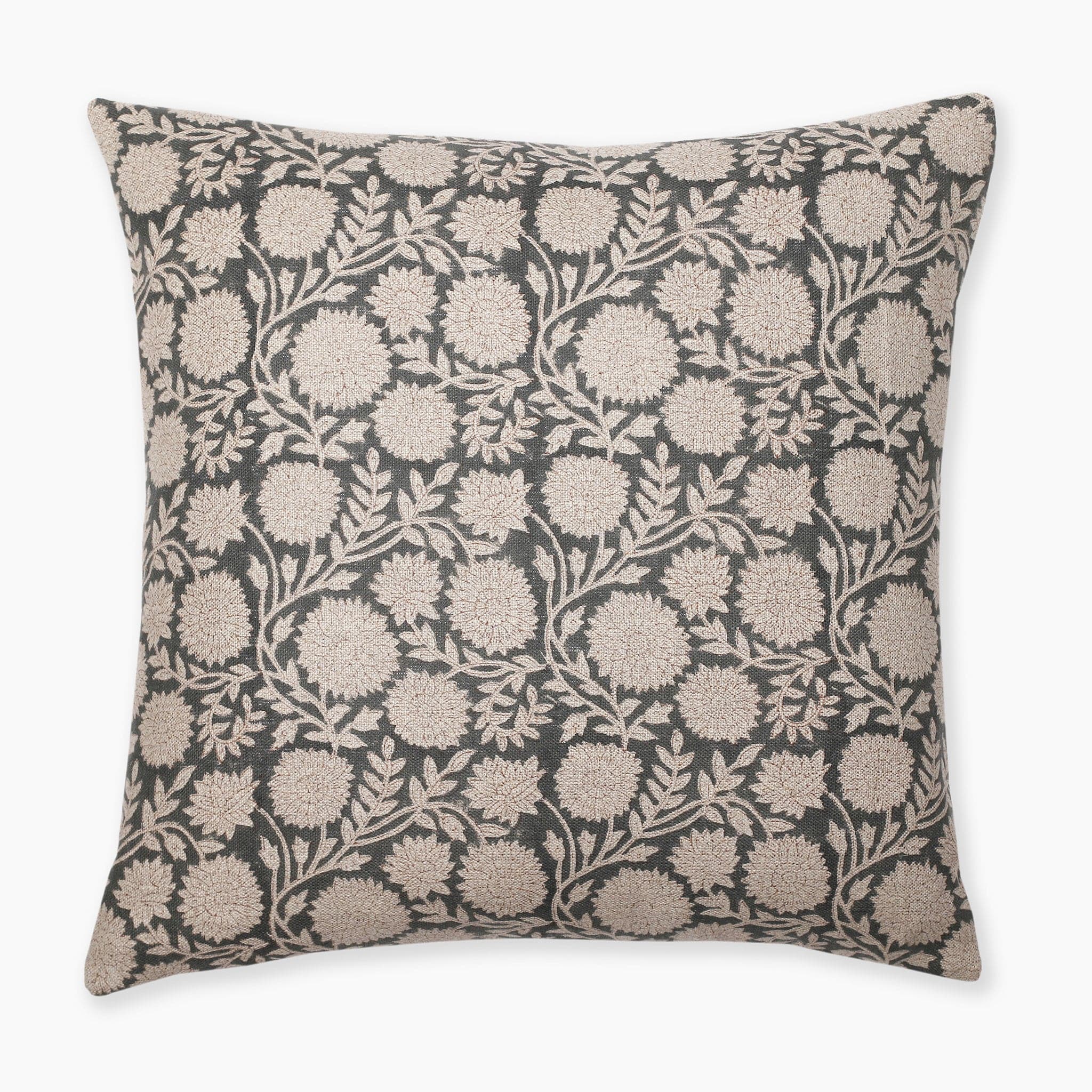 A square decorative pillow with an intricate floral pattern. The design features beige flowers and leaves on a dark background, creating an elegant and detailed texture. Callum Pillow Cover's edges are clean and simple, enhancing its refined appearance.