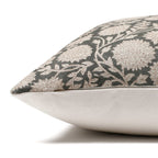 Side view of Callum pillow cover showing floral block printed front and solid, ivory backing.