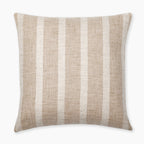 A square throw pillow with a beige fabric featuring vertical white stripes. The pillow has a textured appearance, adding a cozy and tactile dimension to its design. The pattern consists of evenly spaced stripes that give a simple yet classic look.