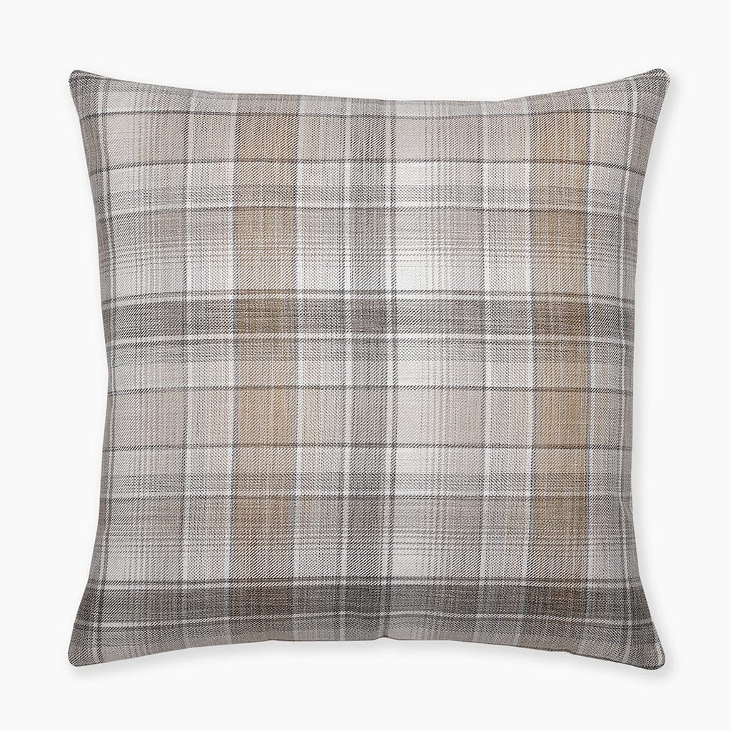 Colin and Finn's Cobal Pillow Cover showcased in a flat lay on a white background, featuring a charming plaid pattern in blue, green, cream, gray, and taupe hues.