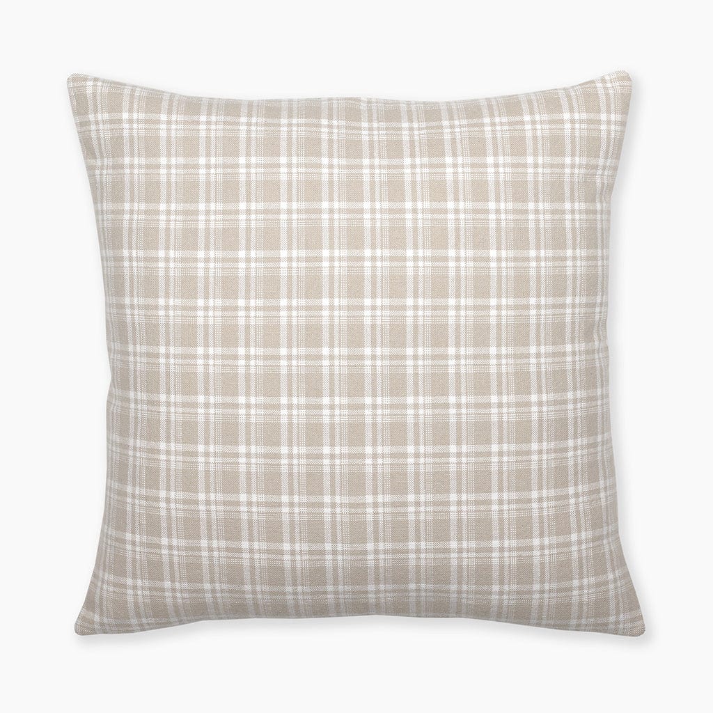 Colin and Finn's Copeland Pillow Cover showcased in a flat lay on a white background, featuring a subtle small plaid design in cream and taupe hues.