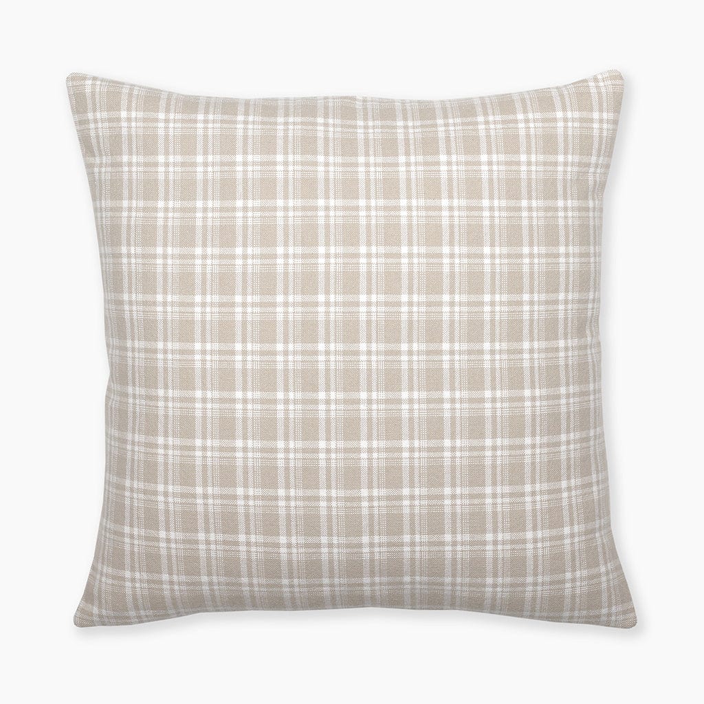 Colin and Finn's Copeland Pillow Cover showcased in a flat lay on a white background, featuring a subtle small plaid design in cream and taupe hues.