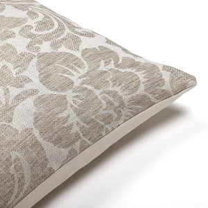 Close-up of the upper corner detailing of the Delsi pillow cover, highlighting its intricate large-print floral pattern from Colin and Finn.