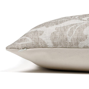 Side view of the Delsi pillow cover showcasing its solid ivory cotton backing and invisible zipper for added convenience from Colin and Finn.