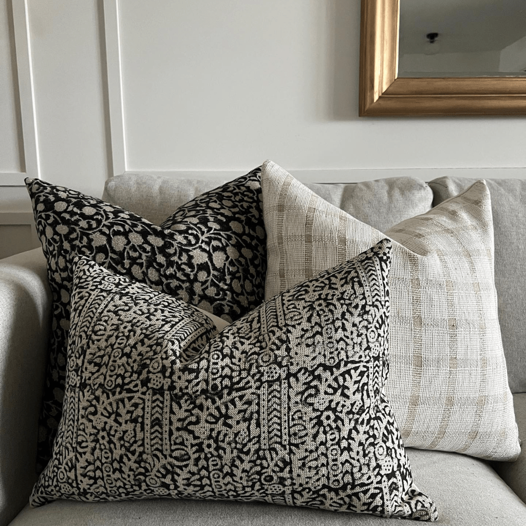 A close-up of 3 Colin + Finn pillows, Edina, Darby, and Madison Lumbar