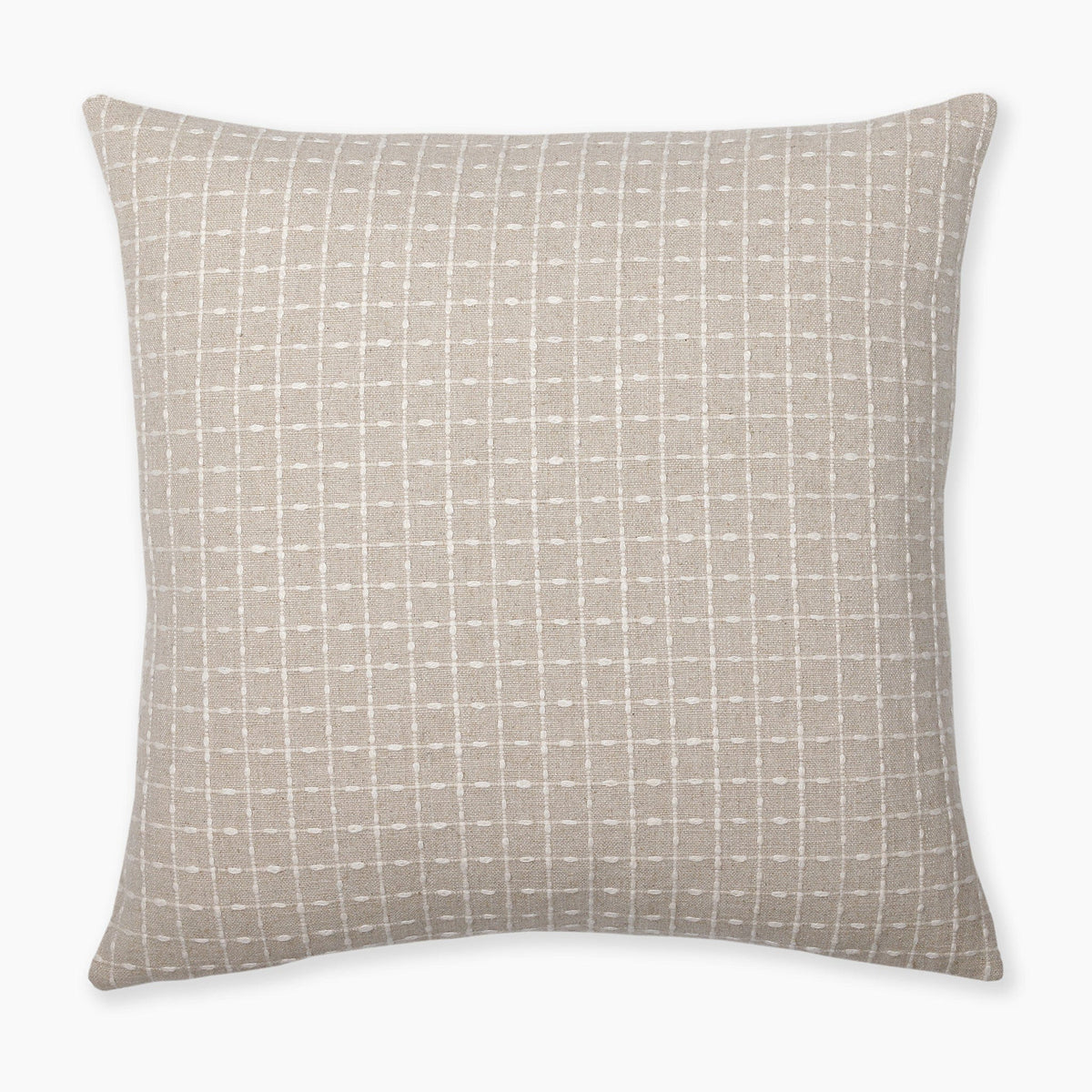 Square beige cushion with a subtle white checkered grid pattern. The cushion has a clean and simple design, making it suitable for various decor styles. The texture appears soft and comfortable.