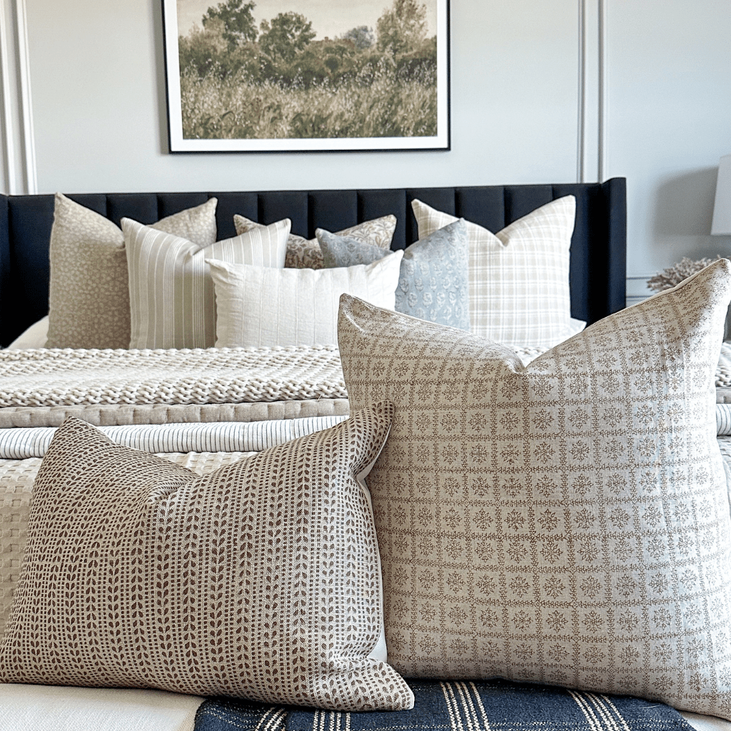 Neville Sand, Elain, Copeland, Darcy, Eloise, Logan Lumbar, Ester Lumbar, and Georgia throw pillows from Colin + Finn