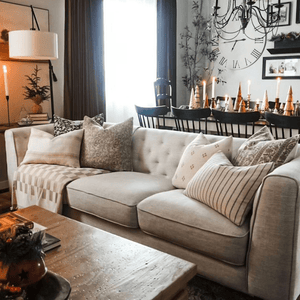 Felix, Elain, Arizona Lumbar, Dara, Isabelle, and Winston Lumbar on a sofa with a checkered blanket