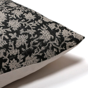 Corner of the black pillow with cream florals - Felix Pillow Cover from Colin + Finn