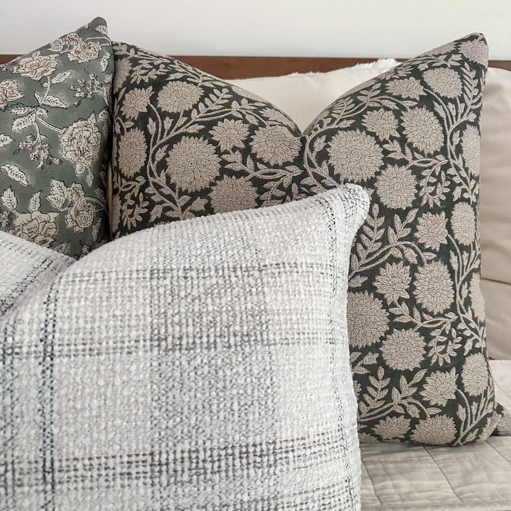 Closeup view of Lenora and Callum block printed throw pillows from Colin and Finn with details of the Tobias lumbar.