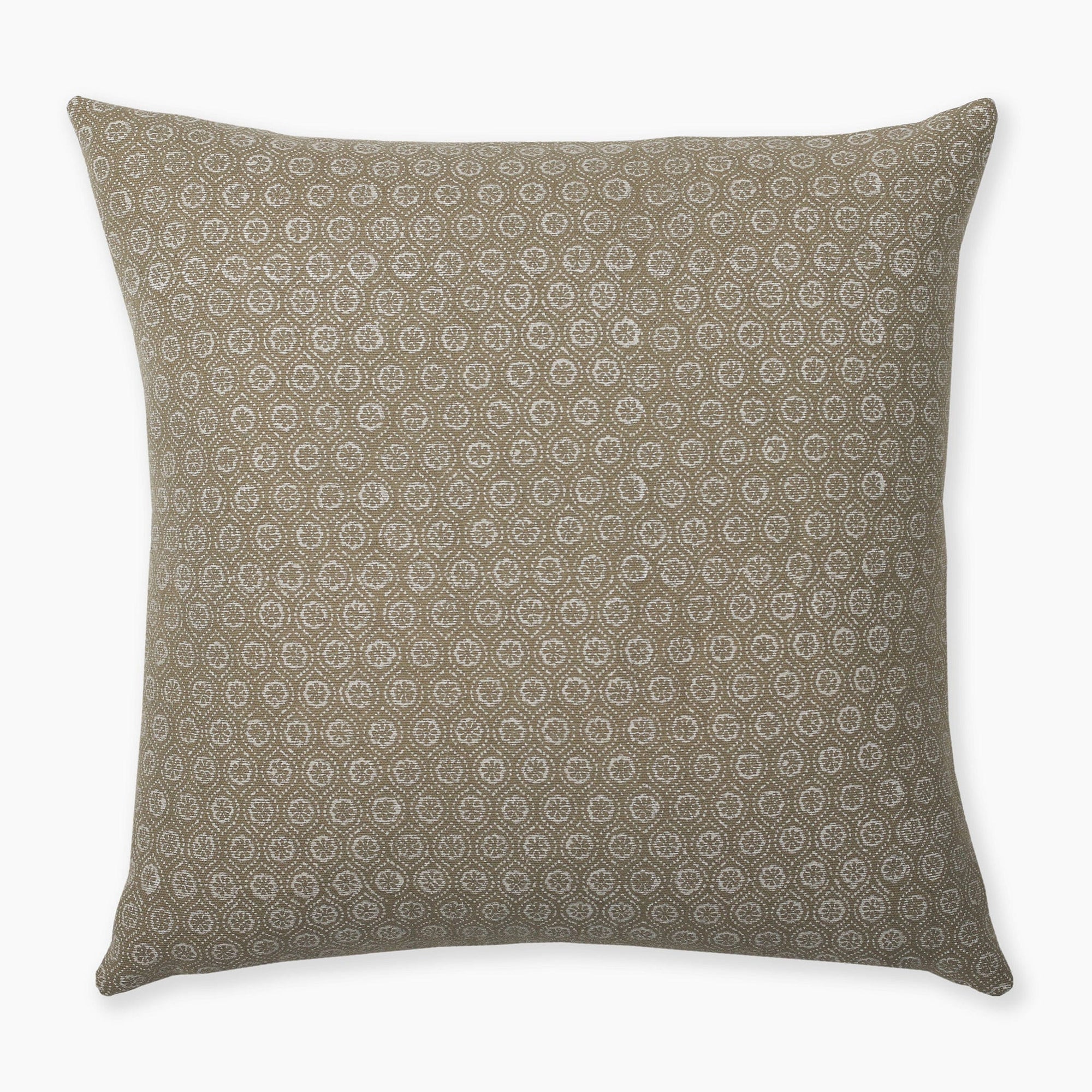 Olive green pillow cover with white floral motif from Colin and Finn.