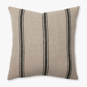 Maverick pillow cover showing taupe natural linen textile with dark charcoal vertical stripes.