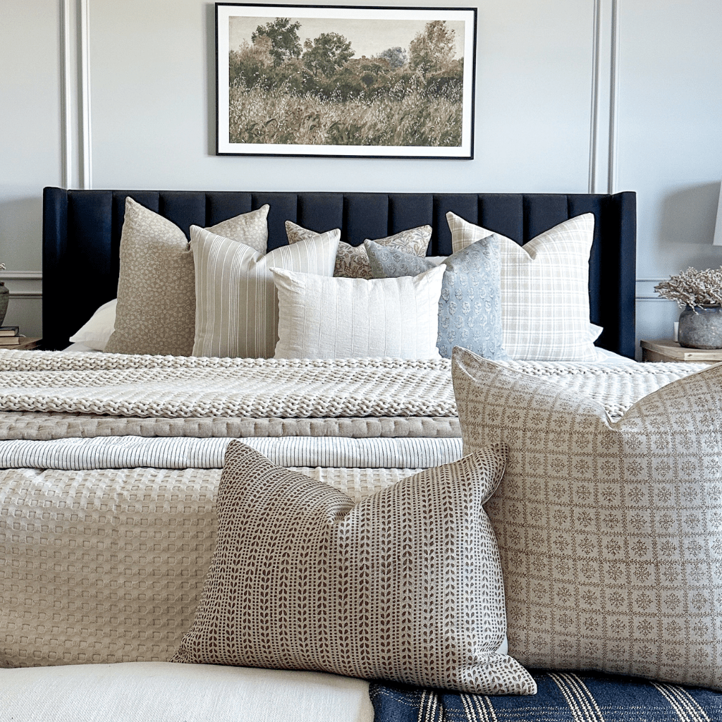 Neville Sand, Elain, Copeland, Darcy, Eloise, Logan Lumbar, Ester Lumbar, and Georgia throw pillows from Colin + Finn