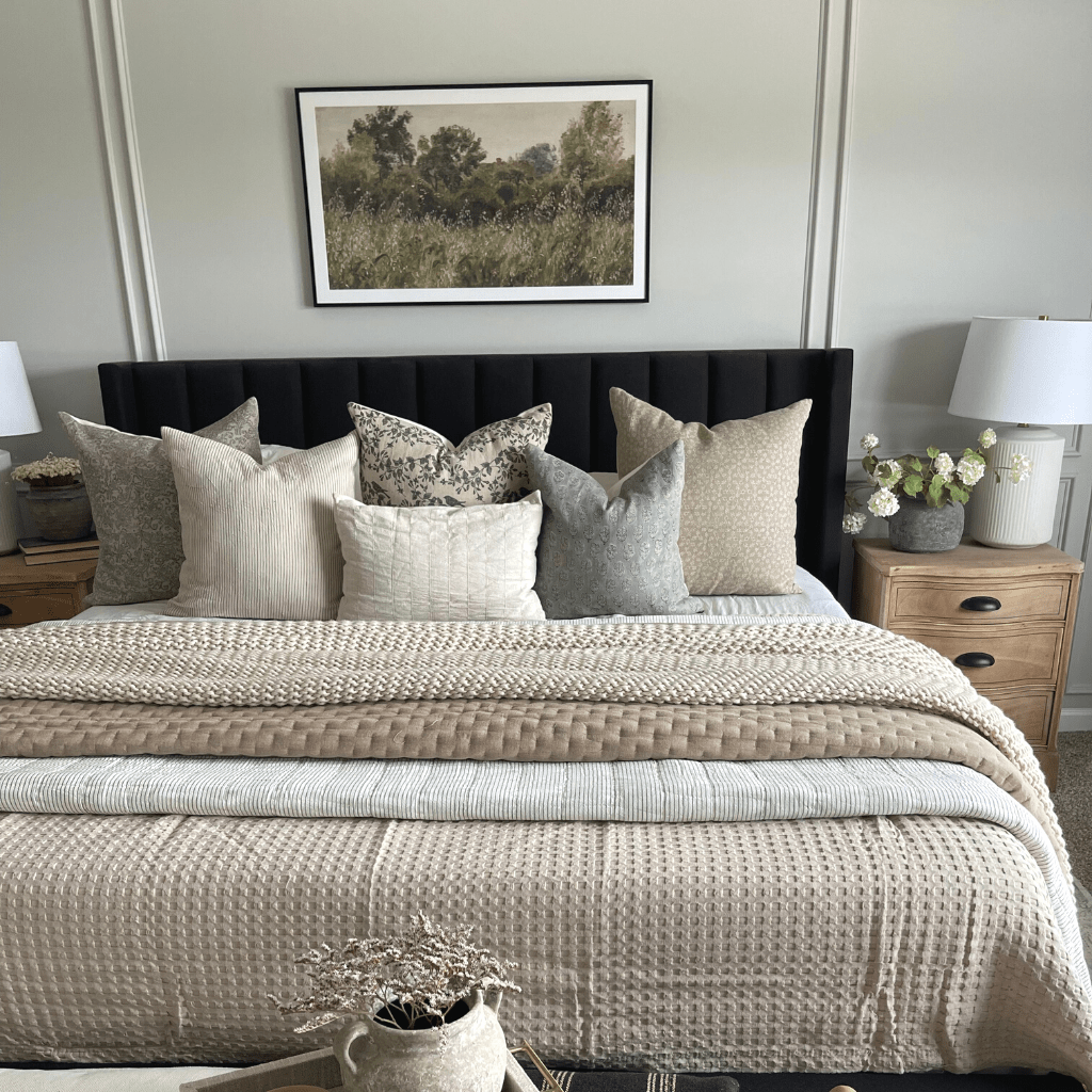 Luna pillow combination from Colin and Finn on white and beige bedding with black headboard.