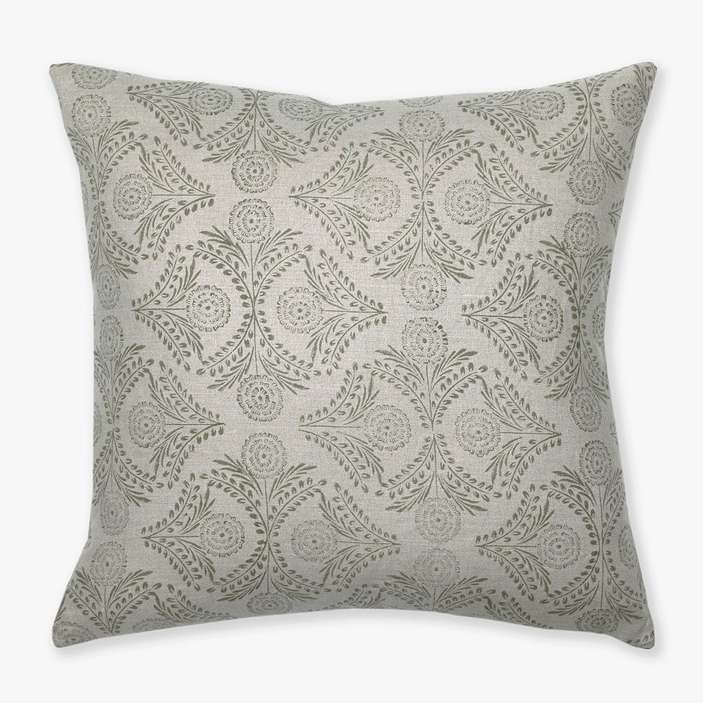 Avery pillow cover from Colin and Finn that's natural gray linen and green flower block print.