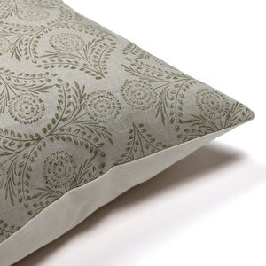 Upper corner of Avery pillow cover from Colin and Finn on white background showing front textile and ivory backing.