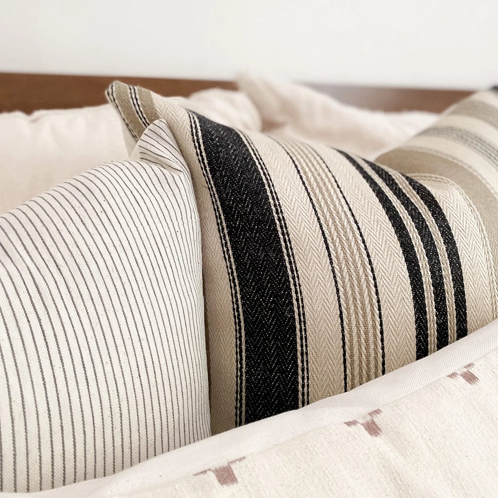 Close up view of Benedict pillow cover from Colin and Finn with Laney and Dara.