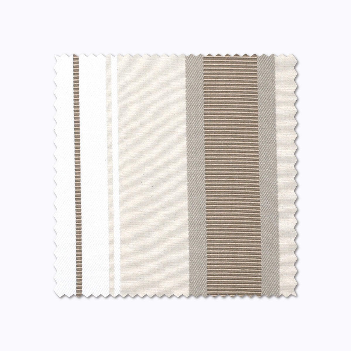 Charles fabric swatch from Colin and Finn. White, Cream, and Tan stripes