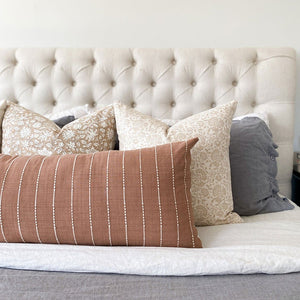 Eleanor, Delilah, and Willa oversized lumbar pillow covers on gray bed from Colin and Finn.