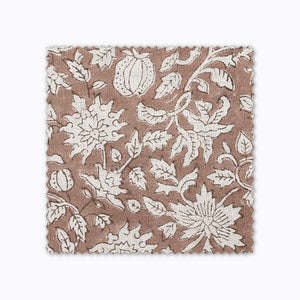 Eleanor in natural fabric swatch from Colin and Finn. A tan hand-block textile on natural linen