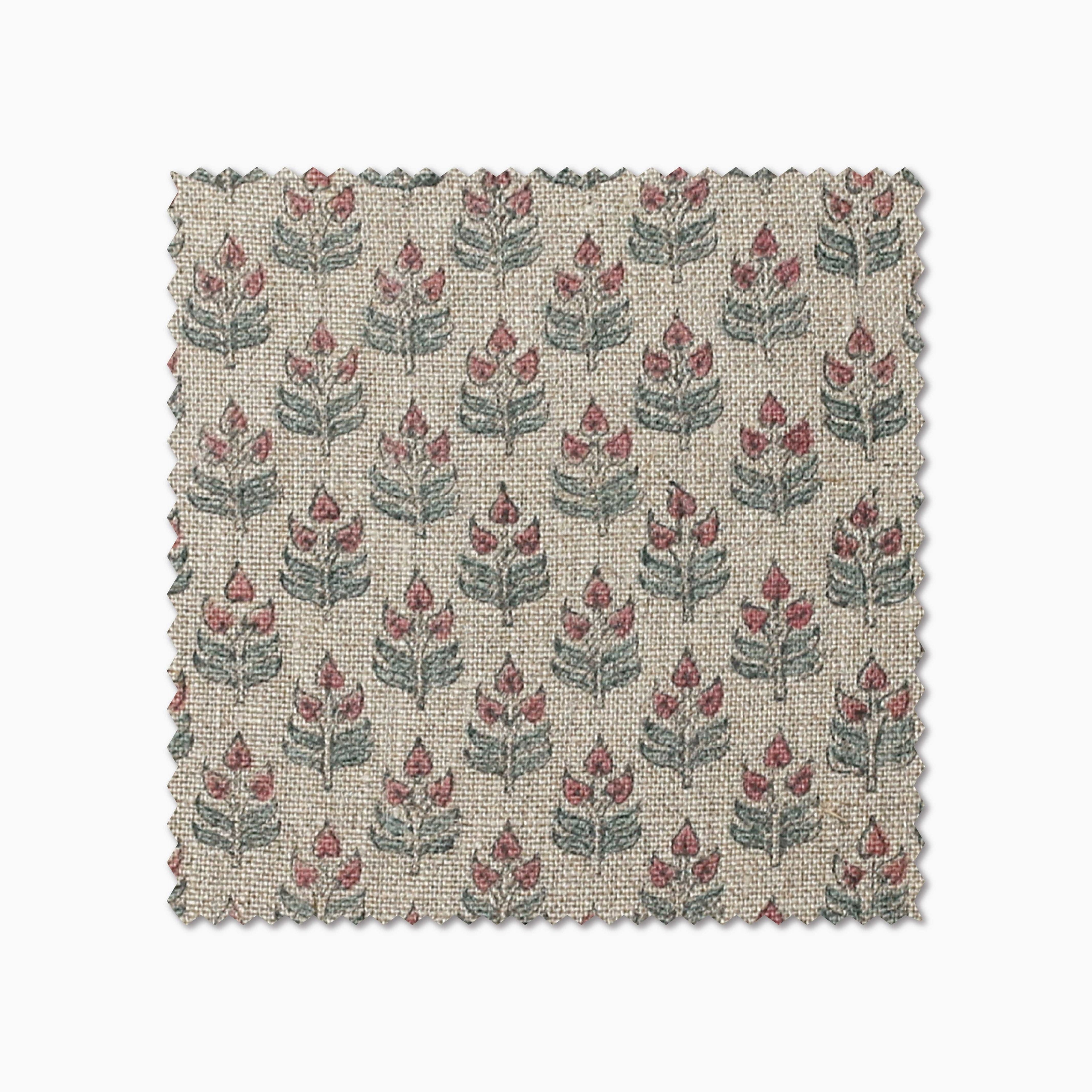 Ella fabric swatch from Colin and Finn. Small florals on a burlap background