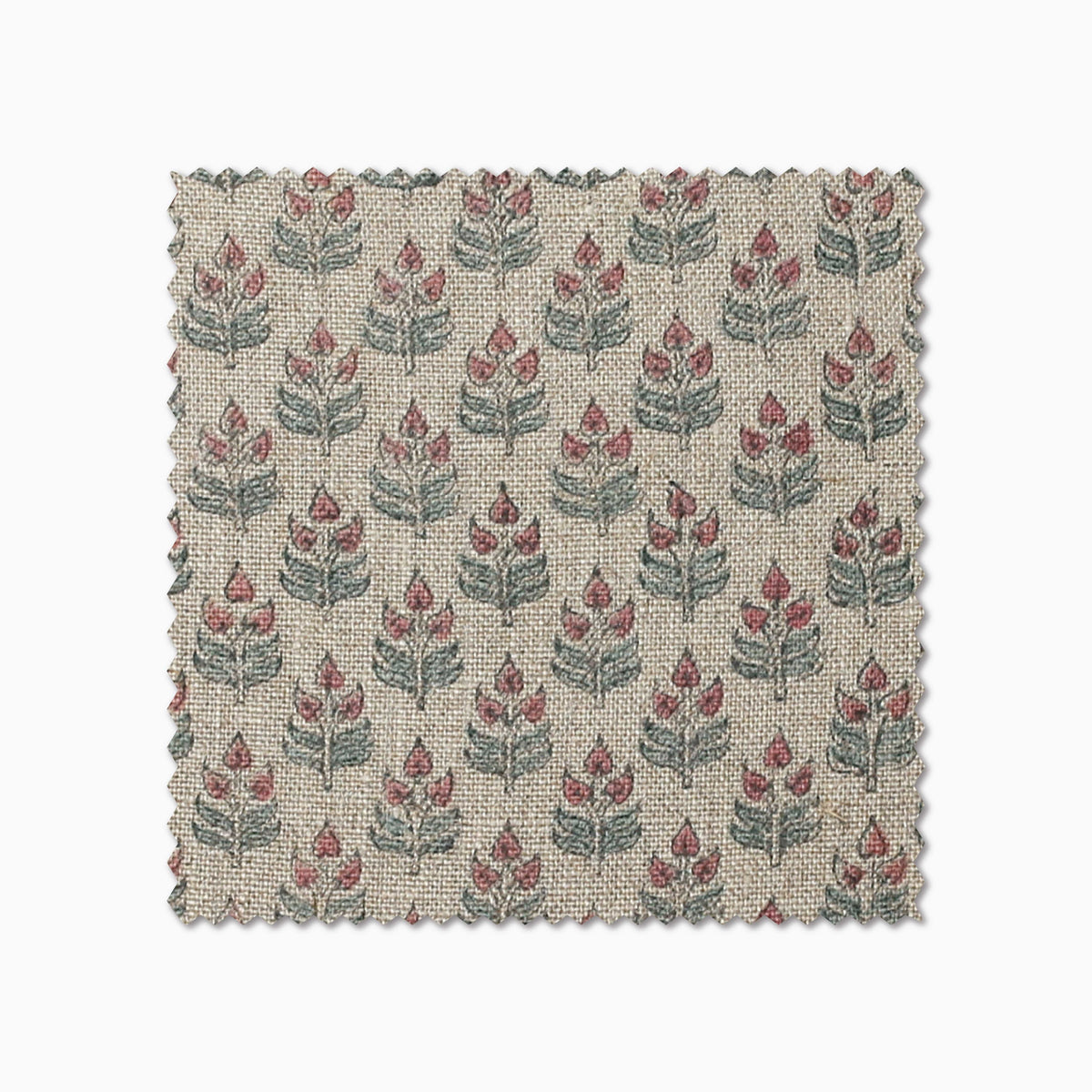 Ella fabric swatch from Colin and Finn. Small florals on a burlap background