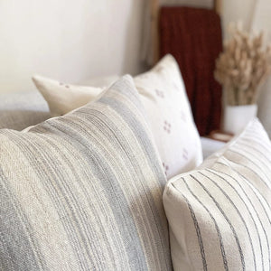 Closeup view of Felicity pillow cover showing blue and ivory stripe texture.