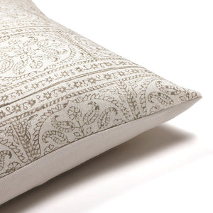Side view of Karina pillow cover from Colin and Finn showing deep olive floral motif with ivory backing.