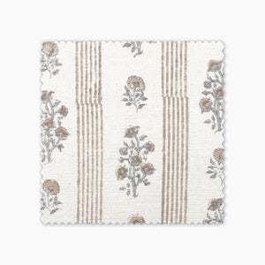 Leighton fabric swatch from Colin and Finn. Florals and stripes on a cream backgrounf