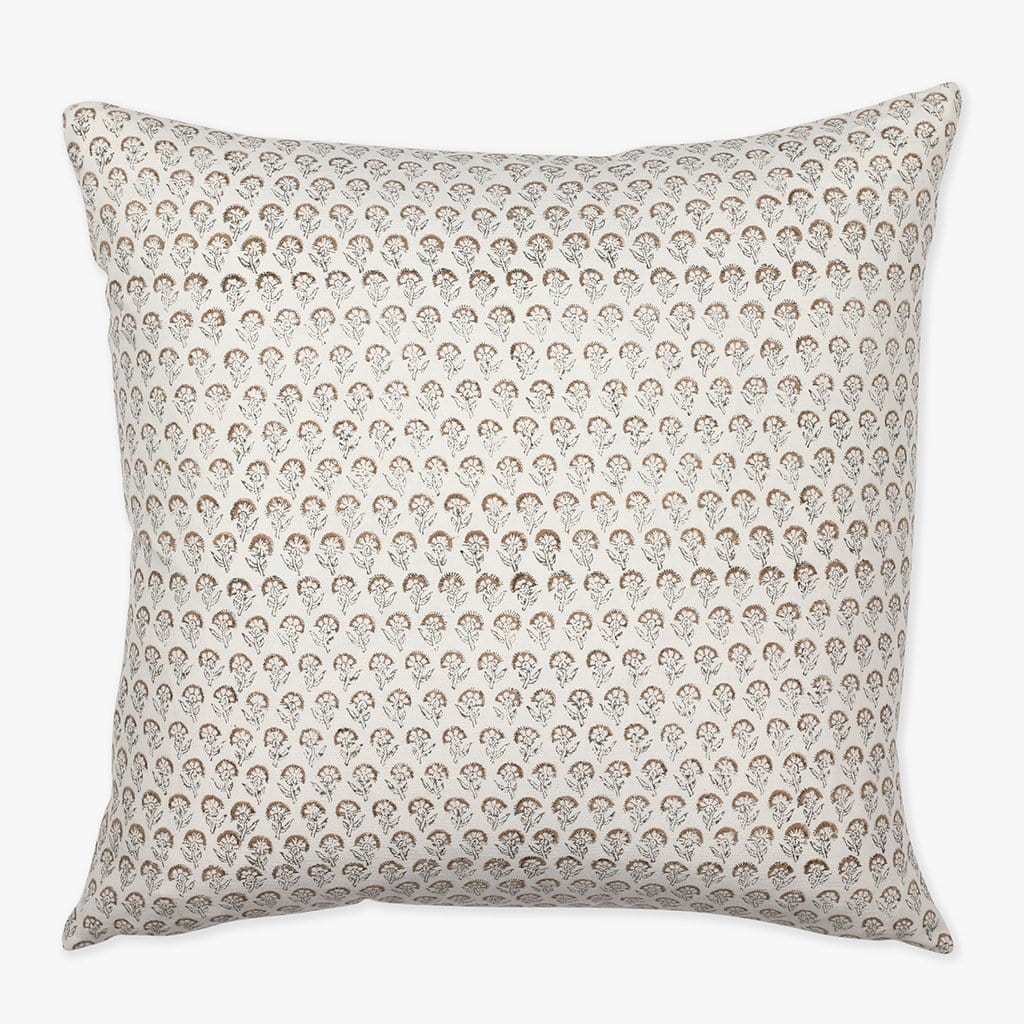 Luella pillow cover from Colin and Finn in mustard. Ivory pillow cover with soft gray and mustard flower motif.