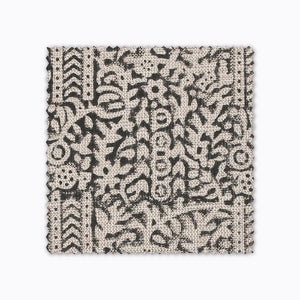 Madison fabric swatch from Colin and Finn. A black hand-block textile on natural linen