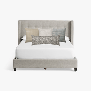 Gray headboard on a king bed with Malibu pillow combo.