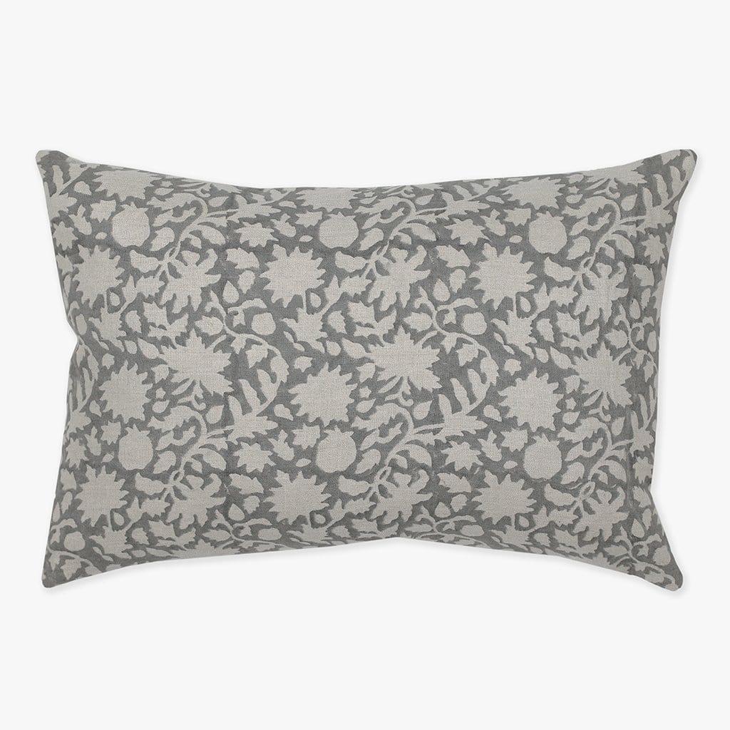 Sawyer lumbar pillow cover from Colin and Finn that is gray with natural linen ivy detailing.