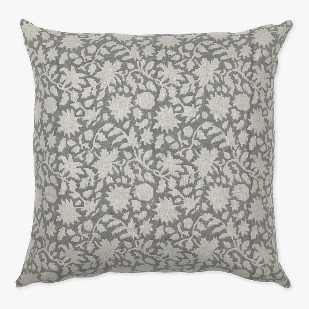 Colin and Finn Sawyer pillow cover featuring a charcoal gray indian floral blockprint design