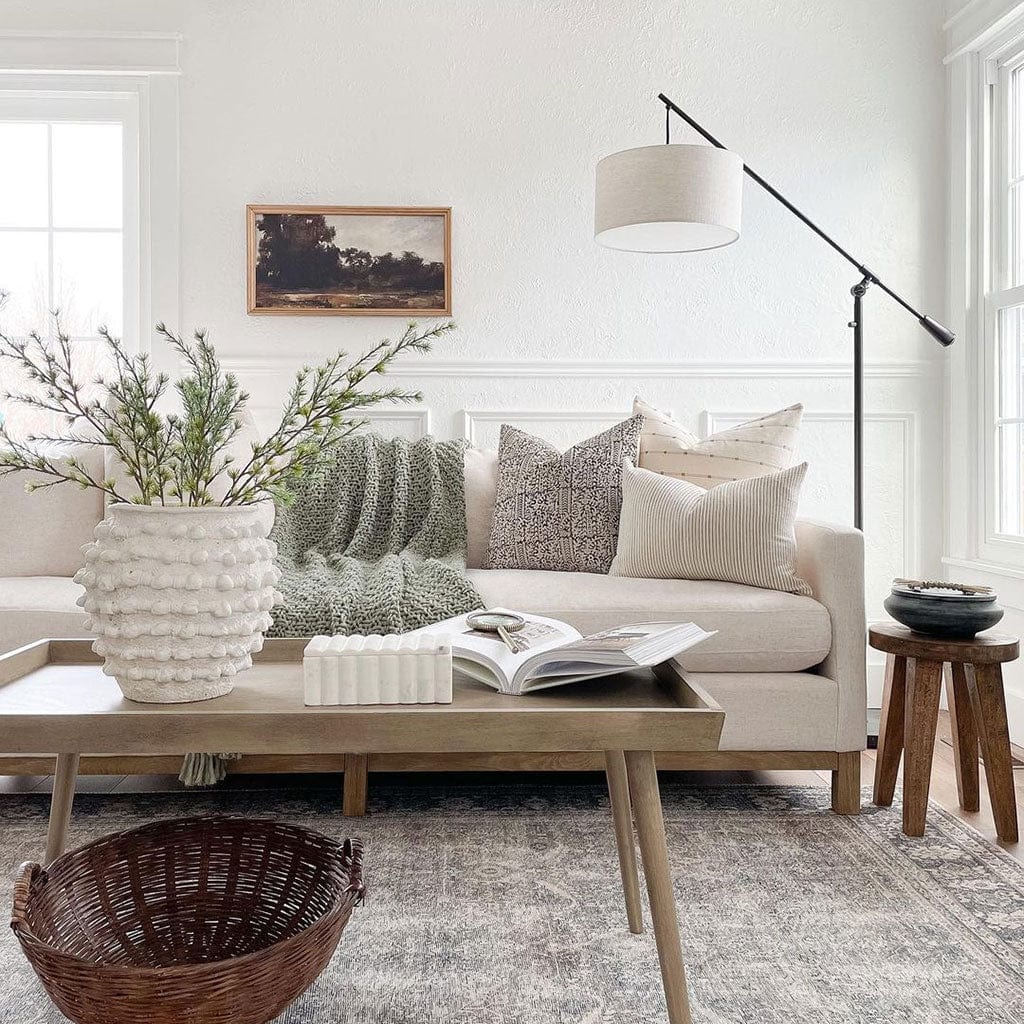 Greyson pillow combination on white sofa. Combo includes Rory, Madison, and Laney lumbar.